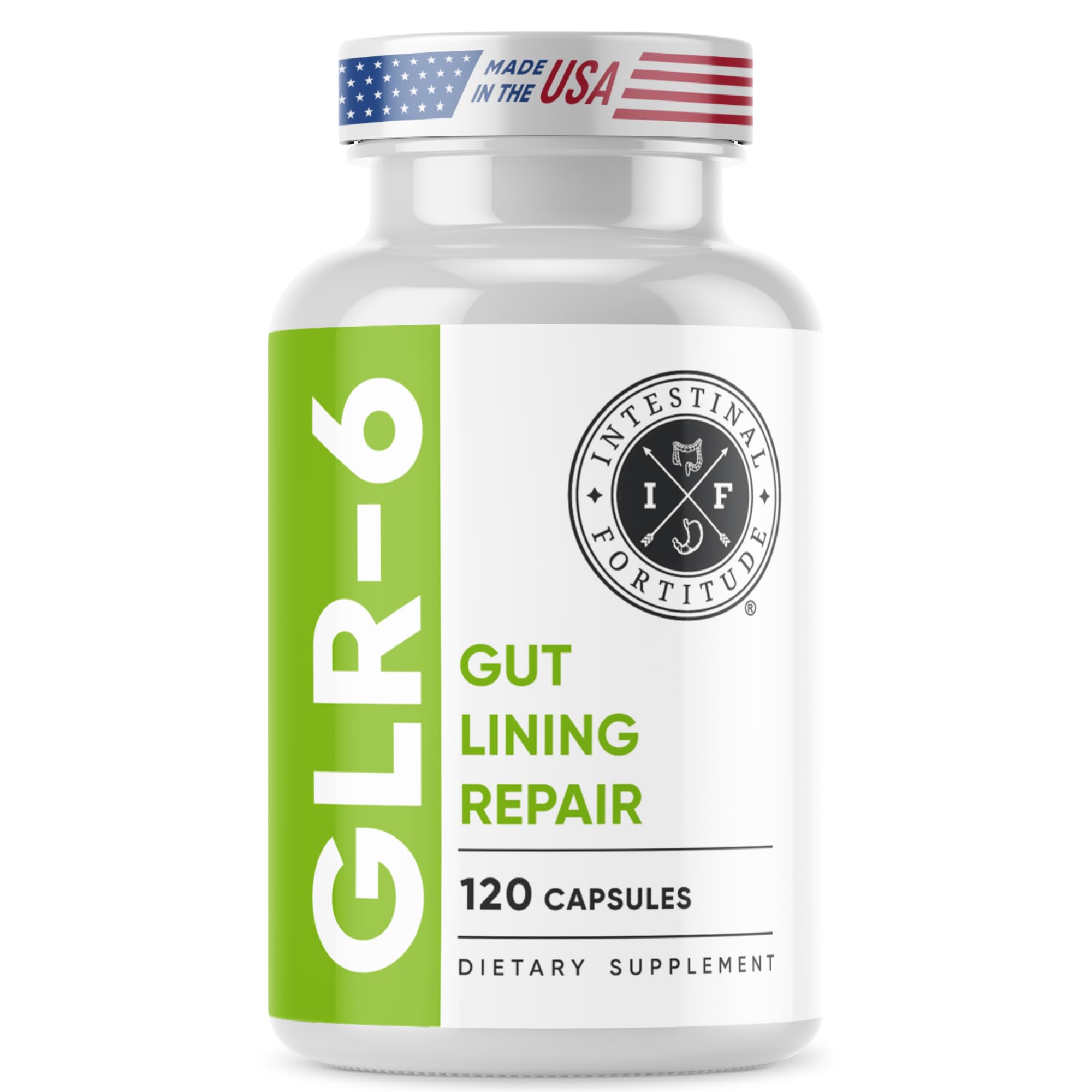 Intestinal Fortitude GLR-6 bottle close-up showing gut lining support for daily comfort.