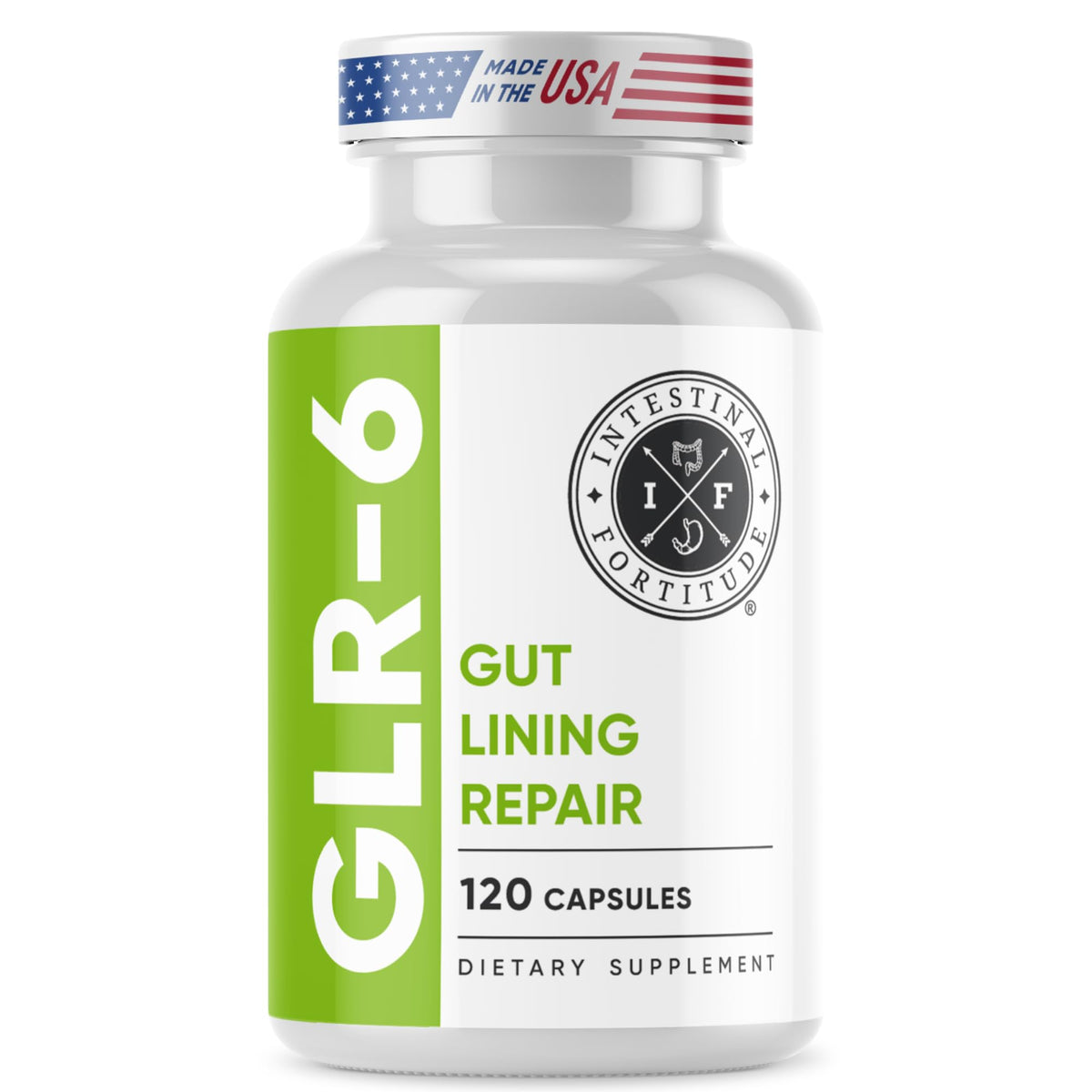 Intestinal Fortitude GLR-6 bottle close-up showing gut lining support for daily comfort.