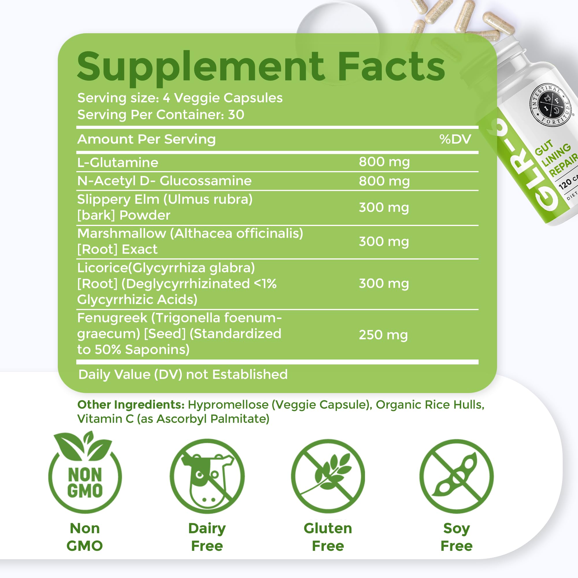 Intestinal Fortitude GLR-6 bottle label highlights vegan and gluten-free formulation.