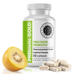 Intestinal Fortitude PREbiotic Gold kiwifruit powder bottle highlighting gut balance