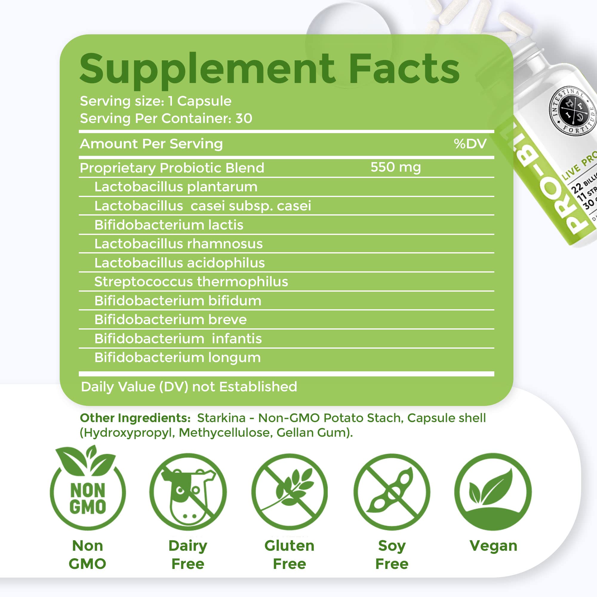 Intestinal Fortitude PRO-B11 bottle side label shows gluten-free and dairy-free ingredients.