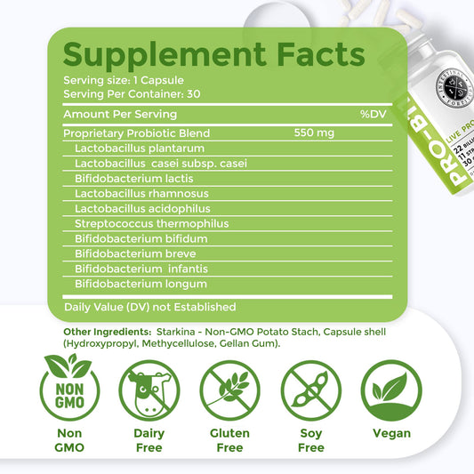Intestinal Fortitude PRO-B11 bottle side label shows gluten-free and dairy-free ingredients.