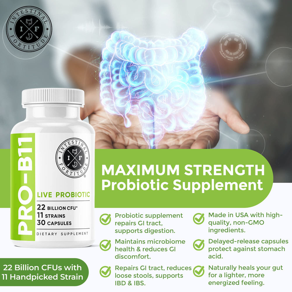 Intestinal Fortitude PRO-B11 capsules closeup emphasizing 22B CFU and strains.