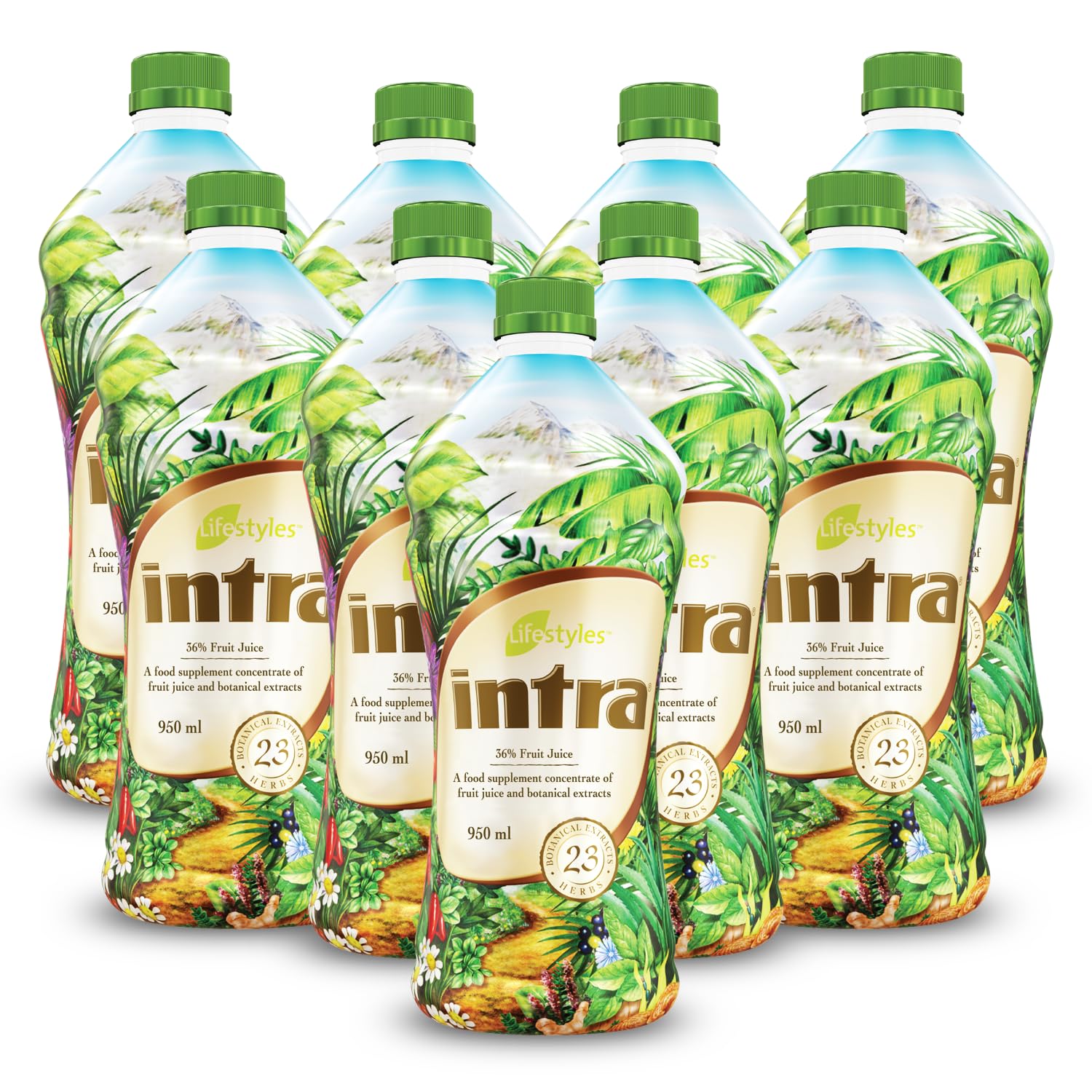 Intra Herbal Juice bottle pour, supporting daily immune health and natural energy.