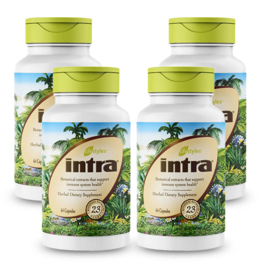 Intra Lifestyles Capsules bottle pour showing herbal supplement for daily immune and detox support.