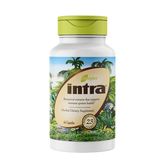 Intra Lifestyles Capsules packaging highlights 23 botanicals for immune support