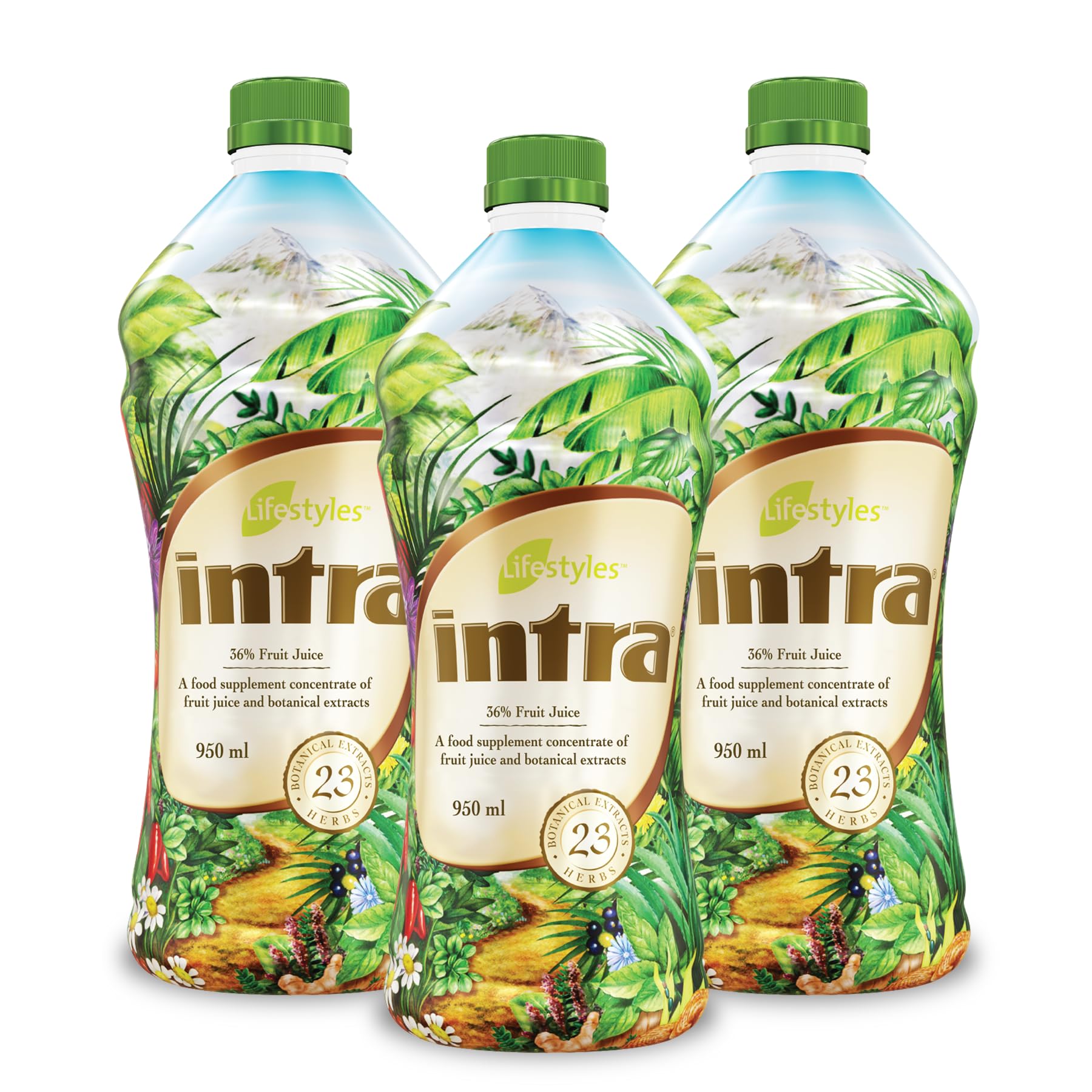 Intra Lifestyles Herbal Juice Drink bottle front showing 23 botanicals and premium Canada-made quality.