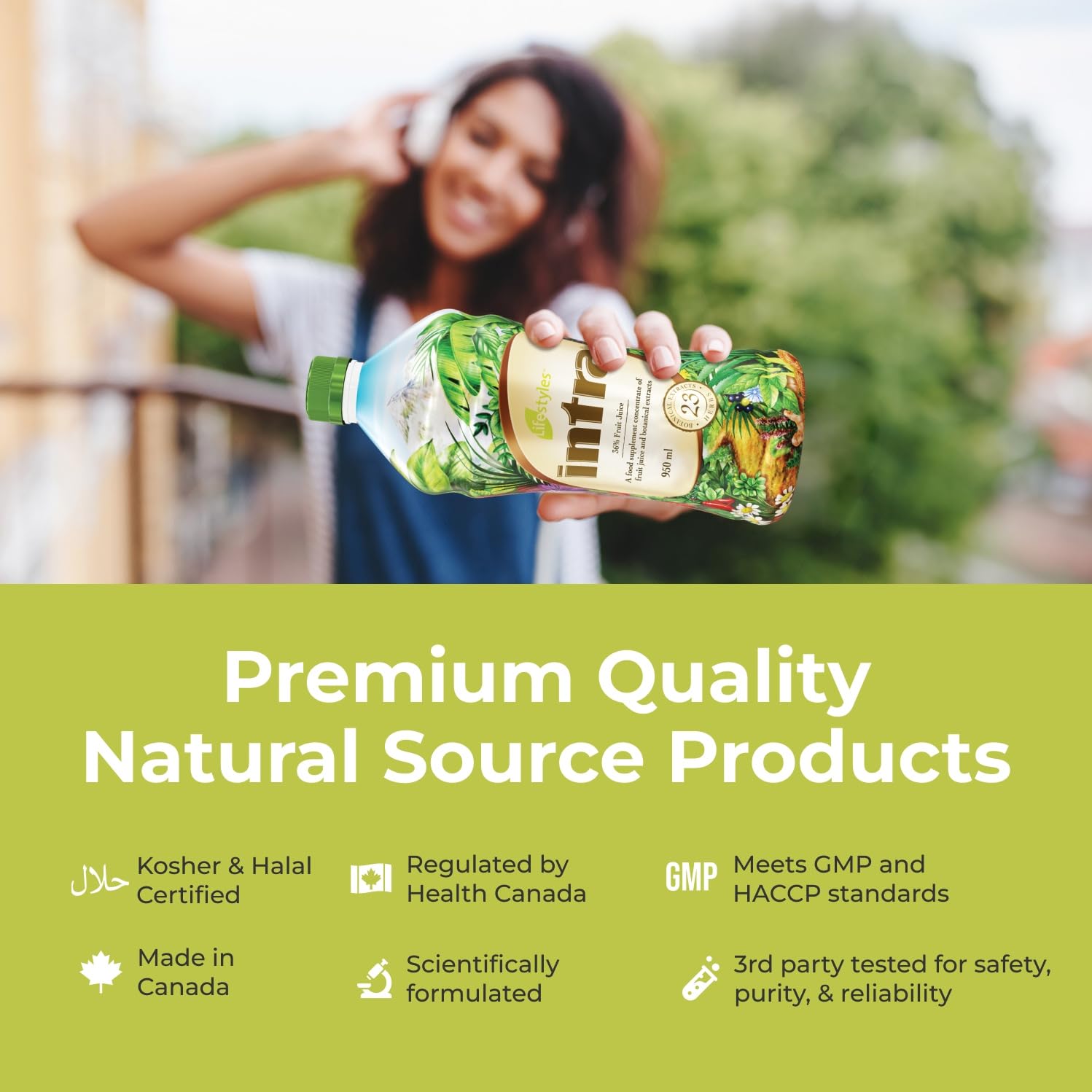 Intra Lifestyles Herbal Juice Drink label closeup with GMP, Kosher and Halal certifications.