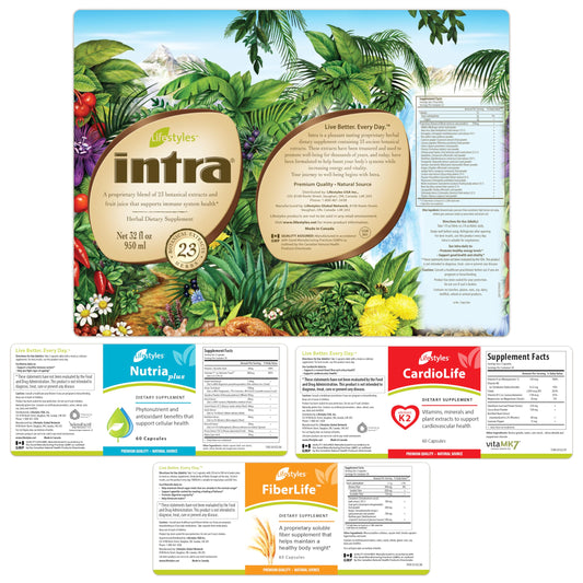 Intra Liquid herbal juice bottle close-up shows natural botanicals.