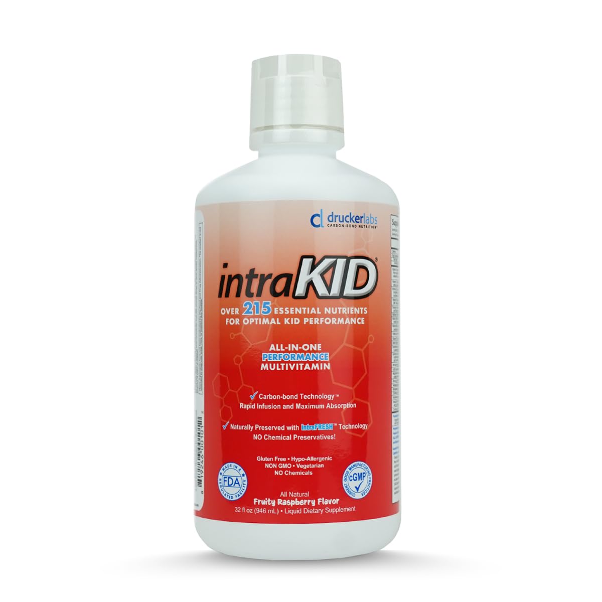 Intrakid Drucker Labs organic liquid multivitamin bottle with raspberry flavor for kids.