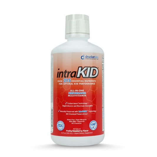 Intrakid Drucker Labs organic liquid multivitamin bottle with raspberry flavor for kids.