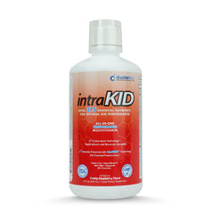 Intrakid Drucker Labs organic liquid multivitamin bottle with raspberry flavor for kids.