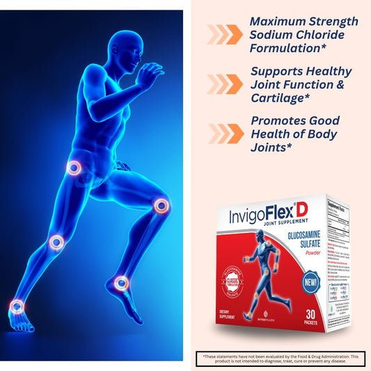 InvigoFlex glucosamine sulfate packets dispensing emphasizes convenient on-the-go joint support.