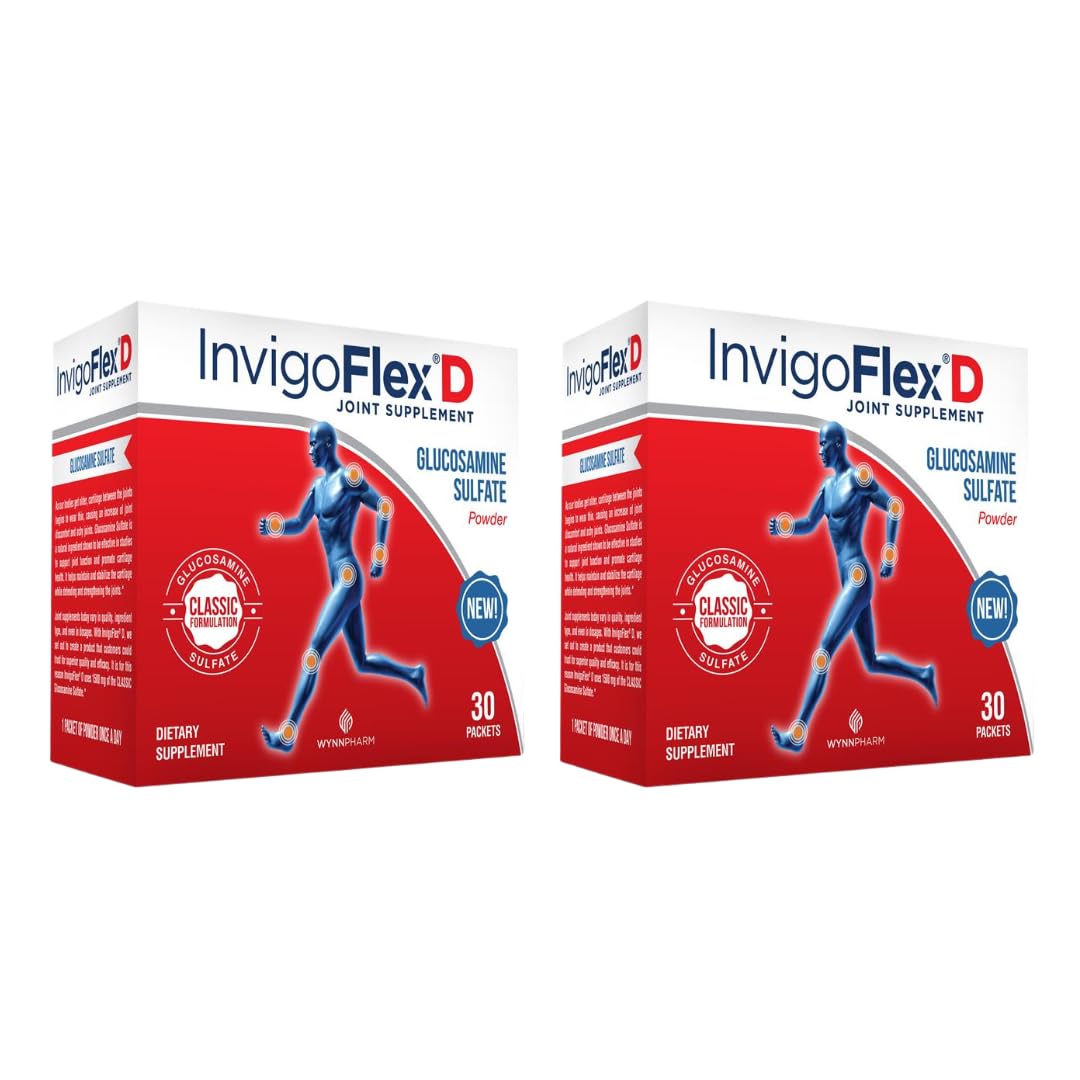 InvigoFlex glucosamine sulfate powder packaging highlights premium joint support for daily comfort.