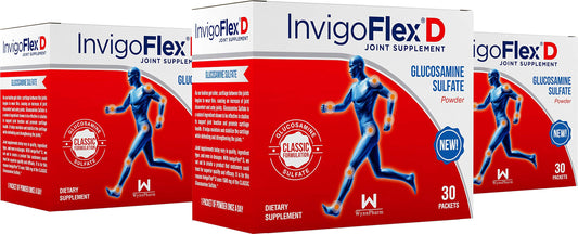 INVIGOFLEX glucosamine sulfate powder packets closeup showing joint support and flexibility