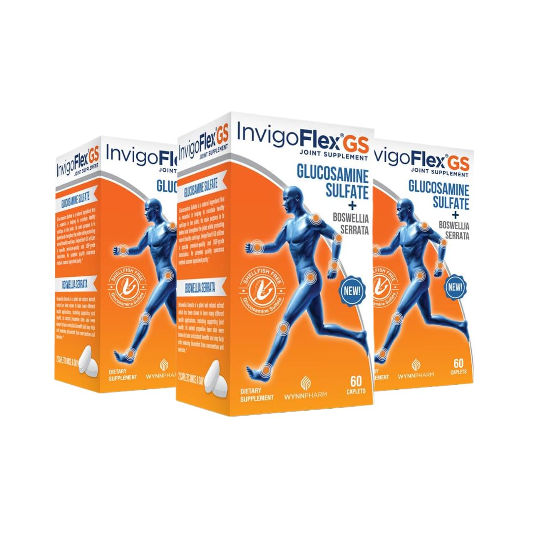 INVIGOFLEX glucosamine sulfate bottle showing shellfish-free formula for daily joint support