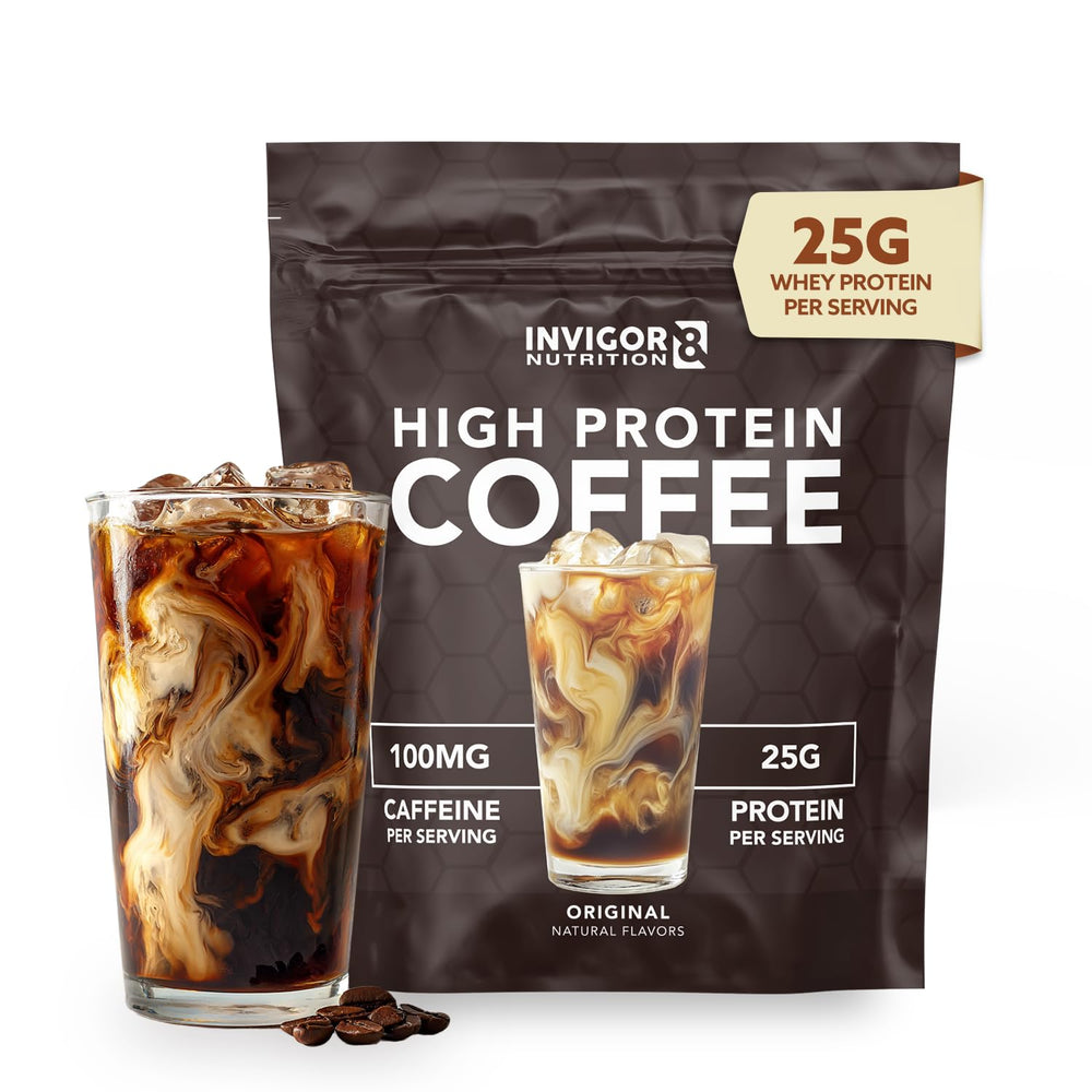 Invigor8 High Protein Coffee Powder tub front with Colombian beans for a smooth caffeine boost.