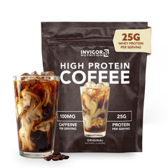 Invigor8 High Protein Coffee Powder tub front with Colombian beans for a smooth caffeine boost.
