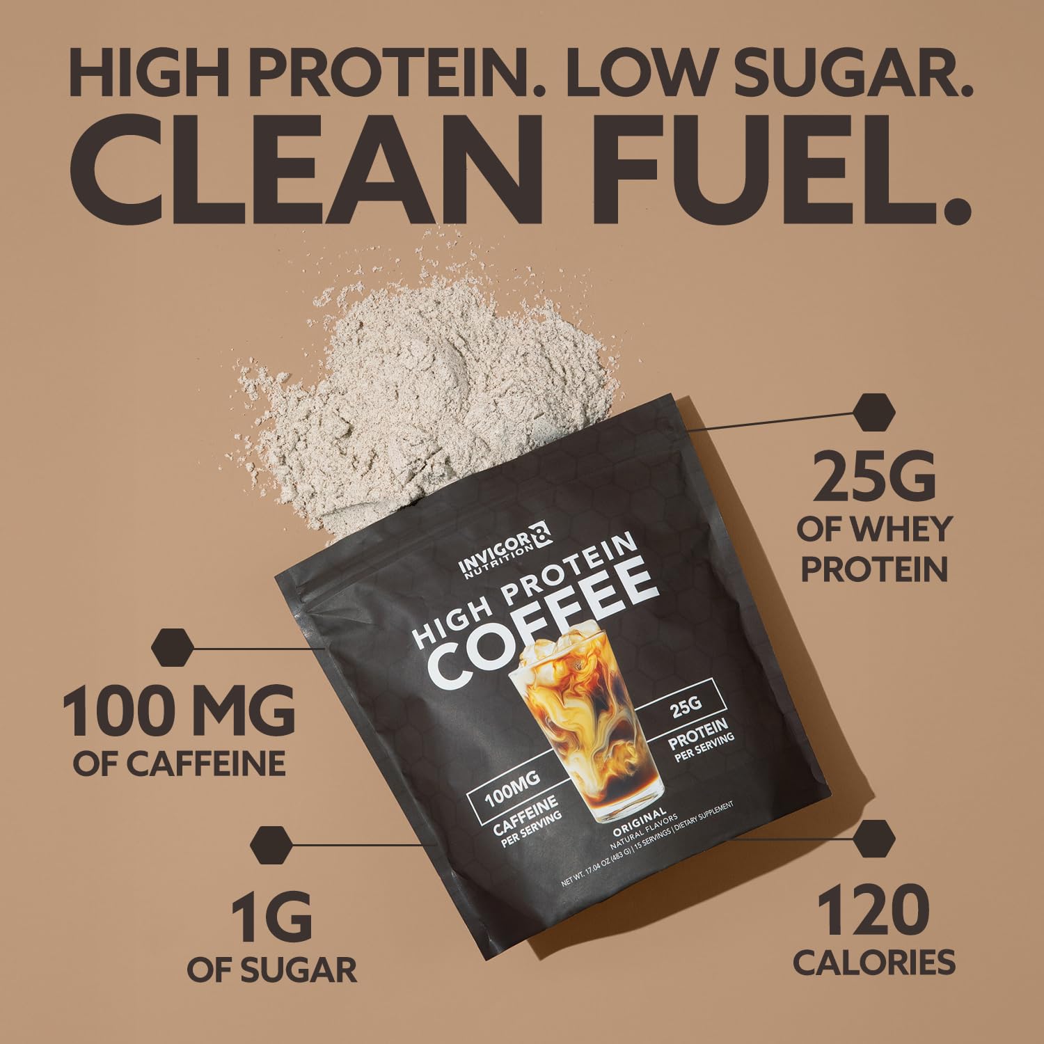 Invigor8 protein coffee powder iced coffee glass highlights refreshing energy on the go.