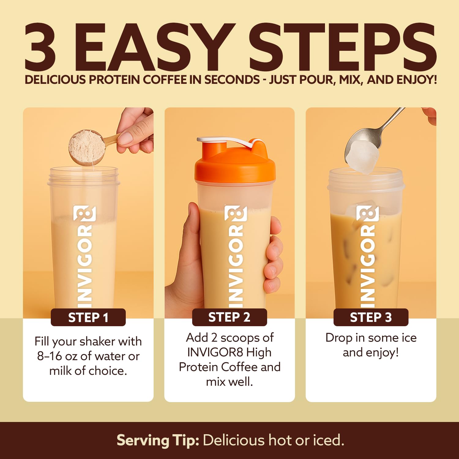 Invigor8 nutrition panel image shows 25g protein per serving and keto-friendly profile.