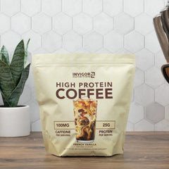 Ready-to-make coffee protein mix suitable for hot or iced preparations.