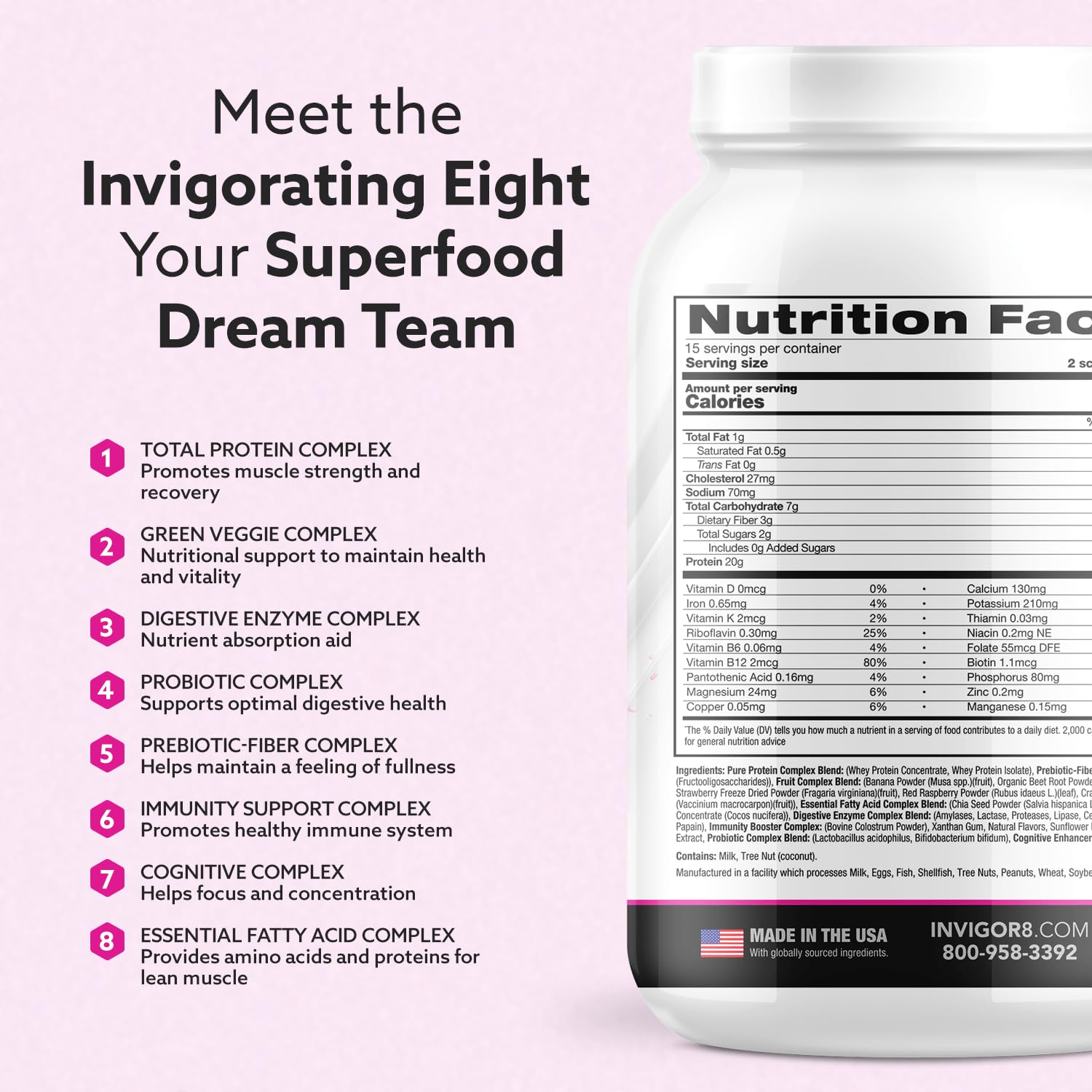 INVIGOR8 Superfood Shake glass-serve displays a creamy strawberry-inspired shake.