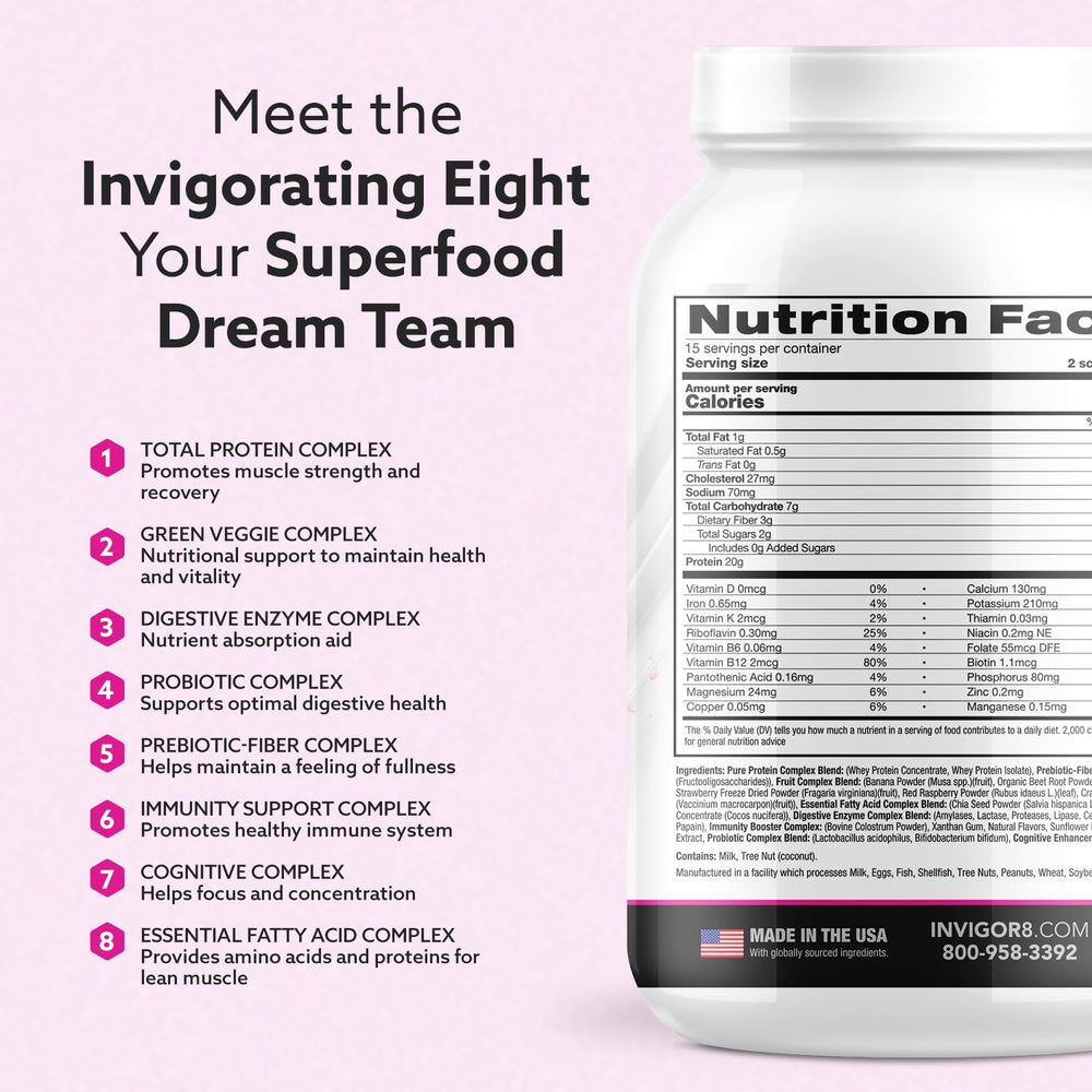 INVIGOR8 Superfood Shake glass-serve displays a creamy strawberry-inspired shake.