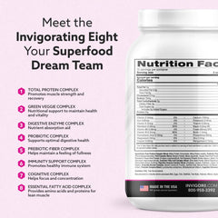 INVIGOR8 Superfood Shake glass-serve displays a creamy strawberry-inspired shake.