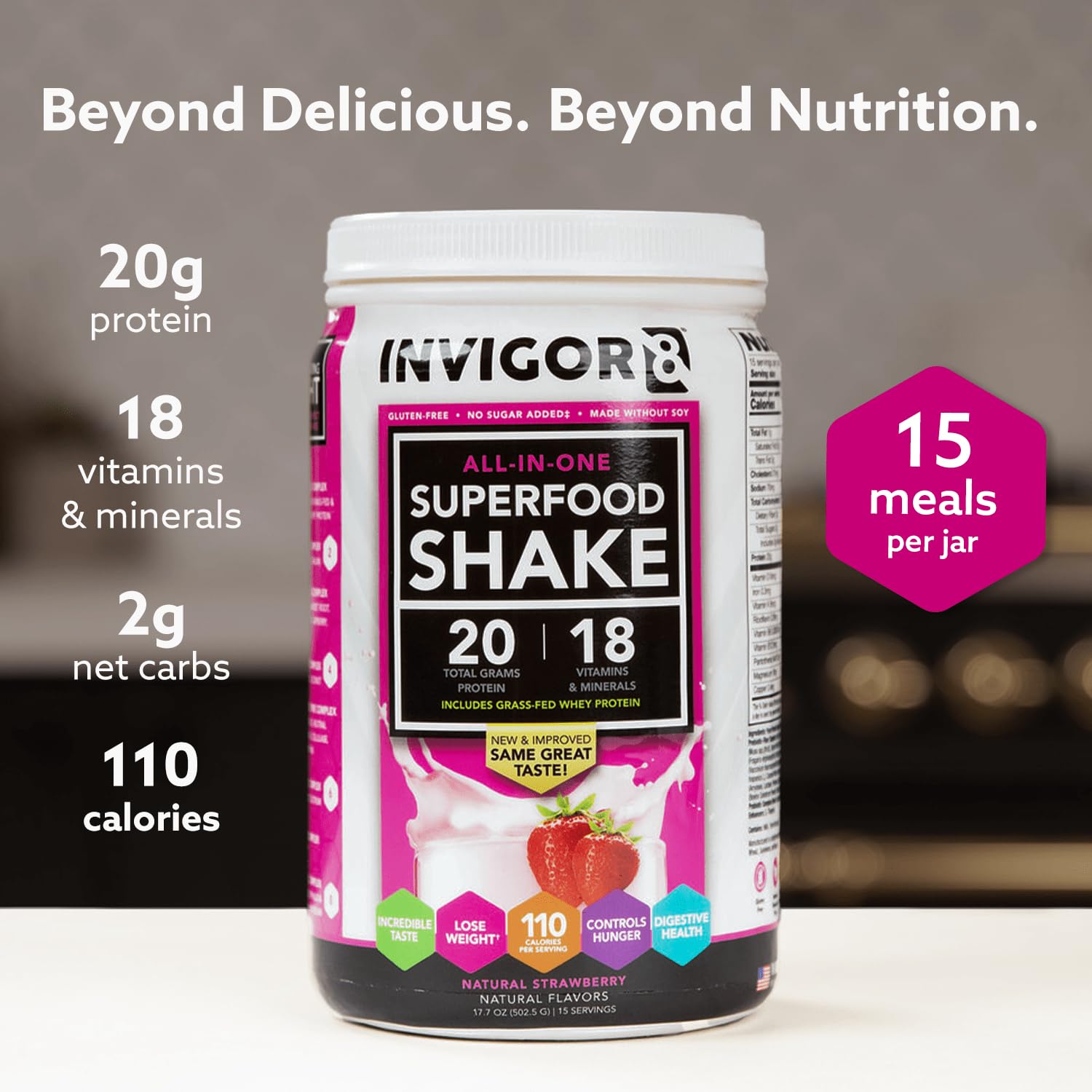 INVIGOR8 Superfood Shake packaging communicates gluten-free and non-GMO features.