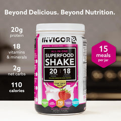 INVIGOR8 Superfood Shake packaging communicates gluten-free and non-GMO features.