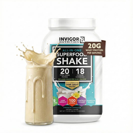 INVIGOR8 vanilla shake bottle highlights gluten-free, non-GMO formulation.