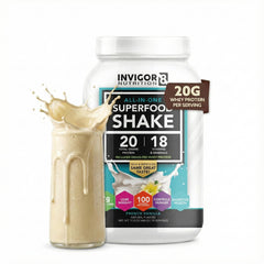 INVIGOR8 vanilla shake bottle highlights gluten-free, non-GMO formulation.
