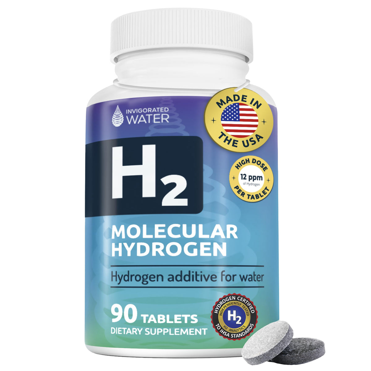 Invigorated Water hydrogen tablets in a bottle front for easy daily hydration.