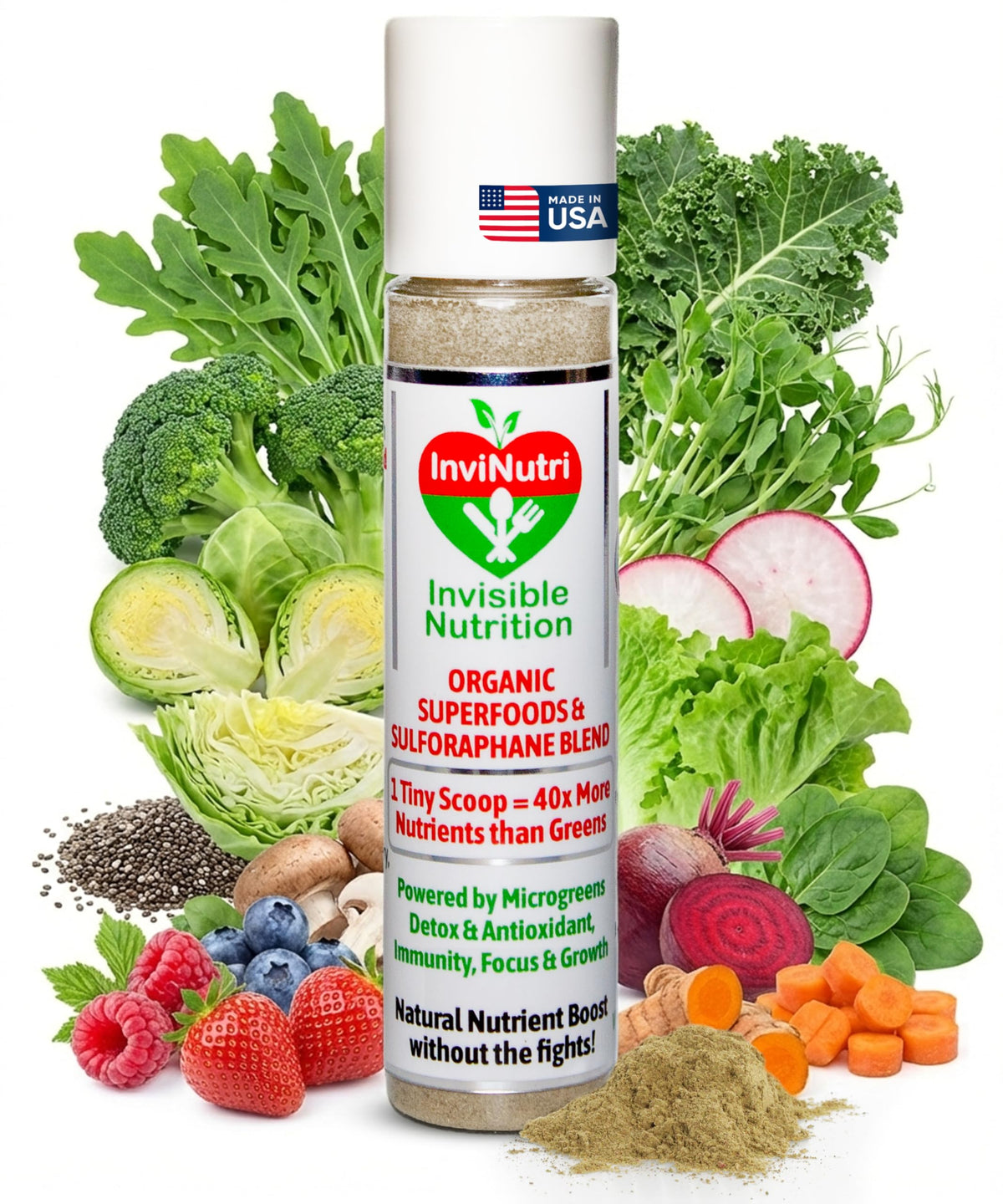 InviNutri bottle pouring powder into bowl for easy nutrition