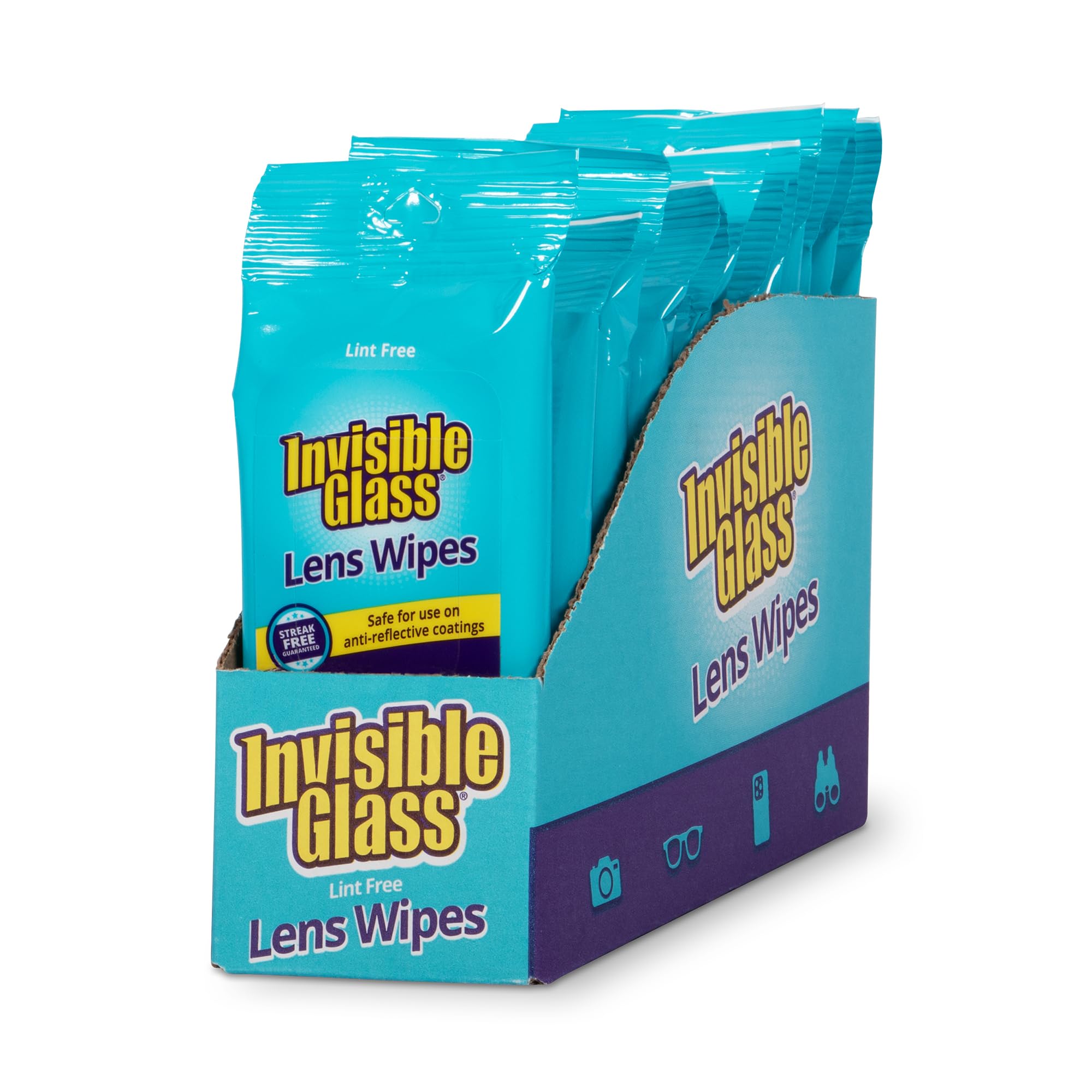 Invisible Glass Lens Wipes packaging with a 16-count resealable pouch for travel.