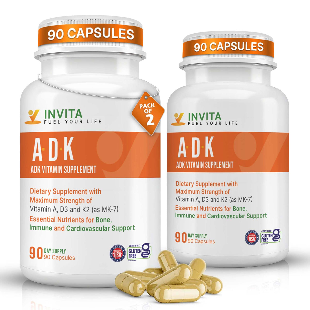 INVITA ADK bottle front showing packaging for bone and immune support, gluten free.