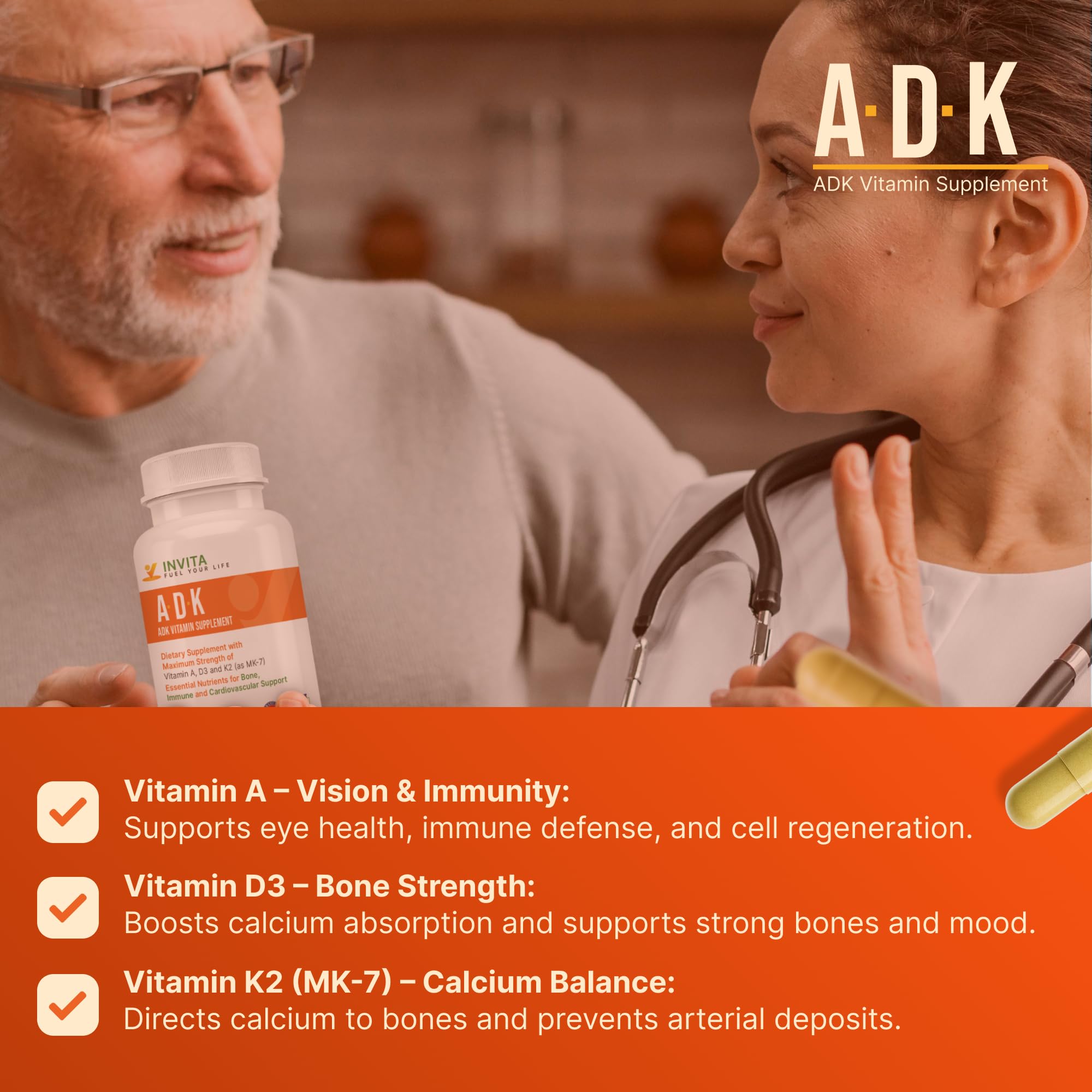 INVITA ADK bottle with glass for daily immune and bone support.