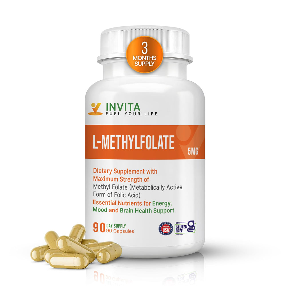INVITA L-Methylfolate 5mg bottle on a clean surface for daily energy support