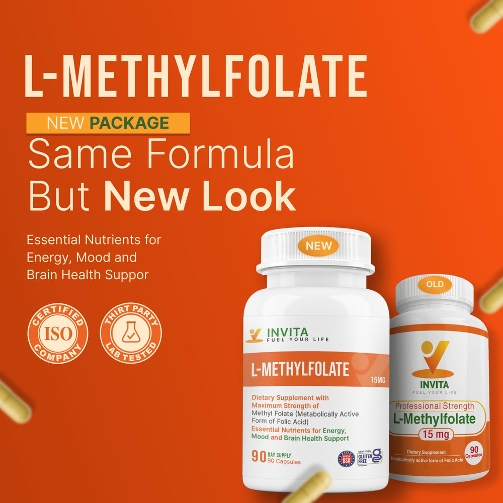 Close-up of INVITA L-Methylfolate 5mg capsules for daily brain support