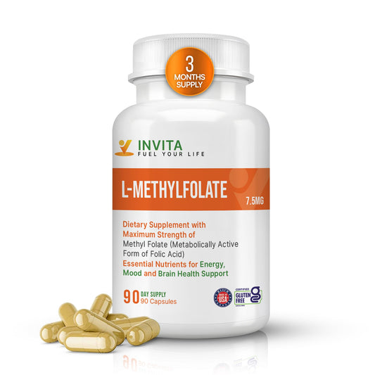 INVITA L-Methylfolate 7.5mg bottle front showing energy support formulation