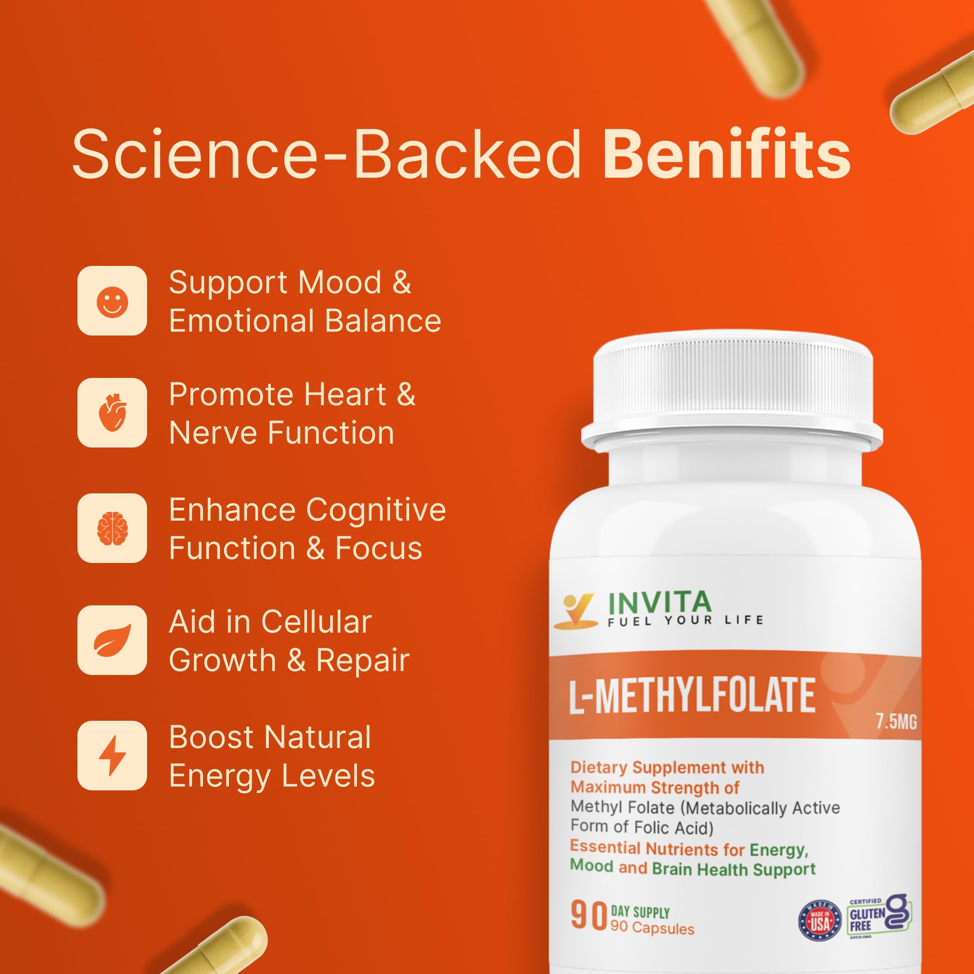 INVITA L-Methylfolate made in USA seal indicating quality