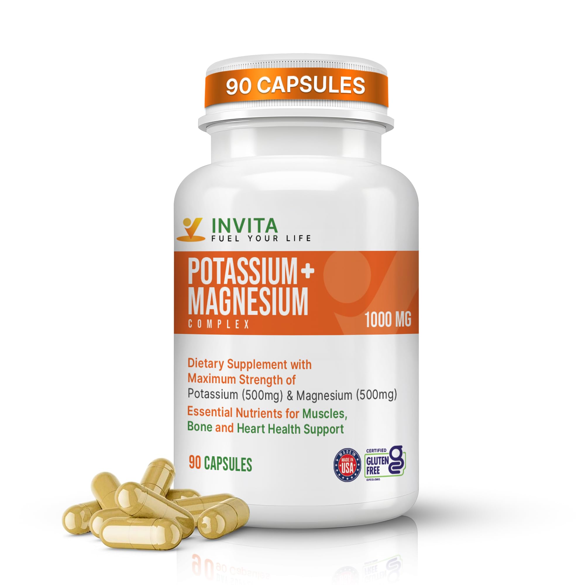 INVITA potassium magnesium complex bottle highlights a complete electrolyte support formula for daily balance.