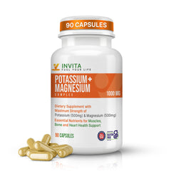 INVITA potassium magnesium complex bottle highlights a complete electrolyte support formula for daily balance.