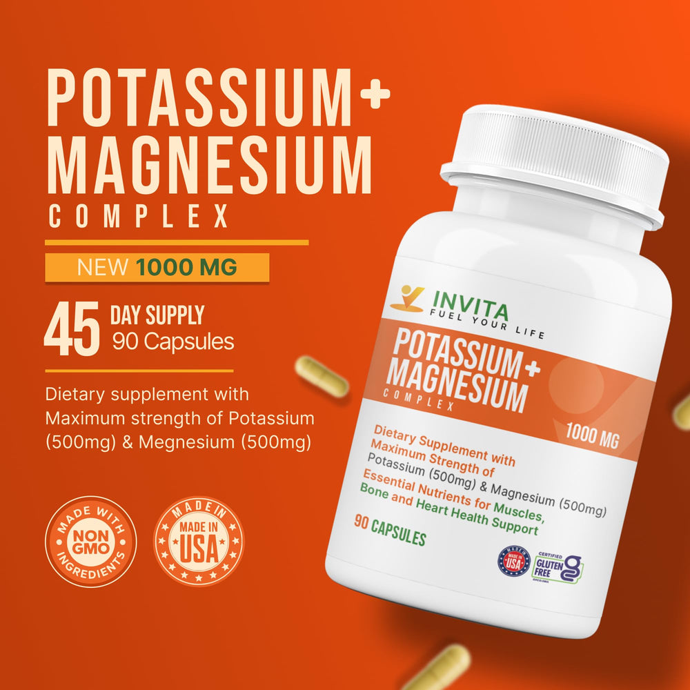 INVITA Potassium Magnesium Complex label and ingredients panel highlighting key minerals.
