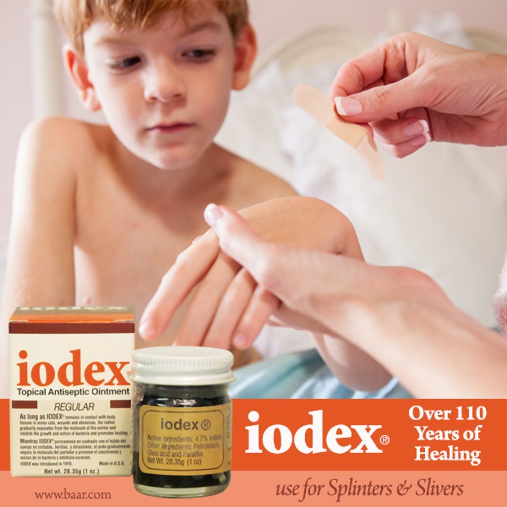 IODEX Baar ointment tube back with ingredient note: 4.7% iodine.