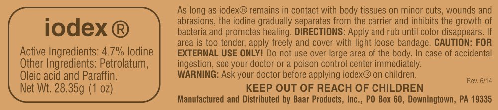 IODEX Baar ointment tube front, trusted antiseptic for everyday injuries.