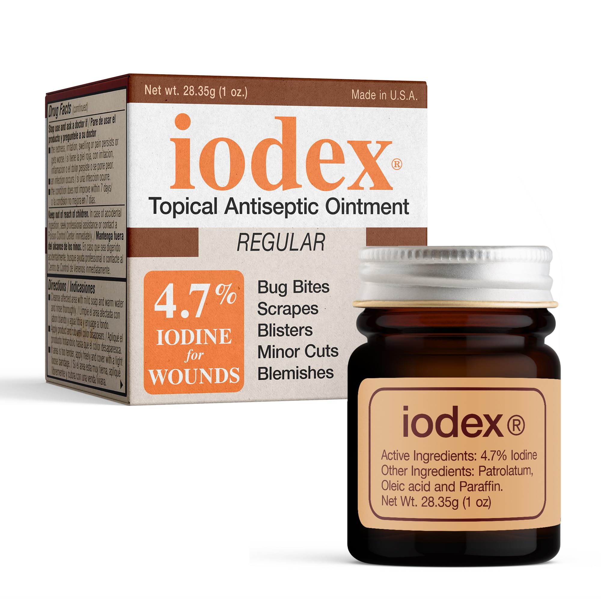 IODEX Baar topical ointment label, antiseptic protection for minor wounds.