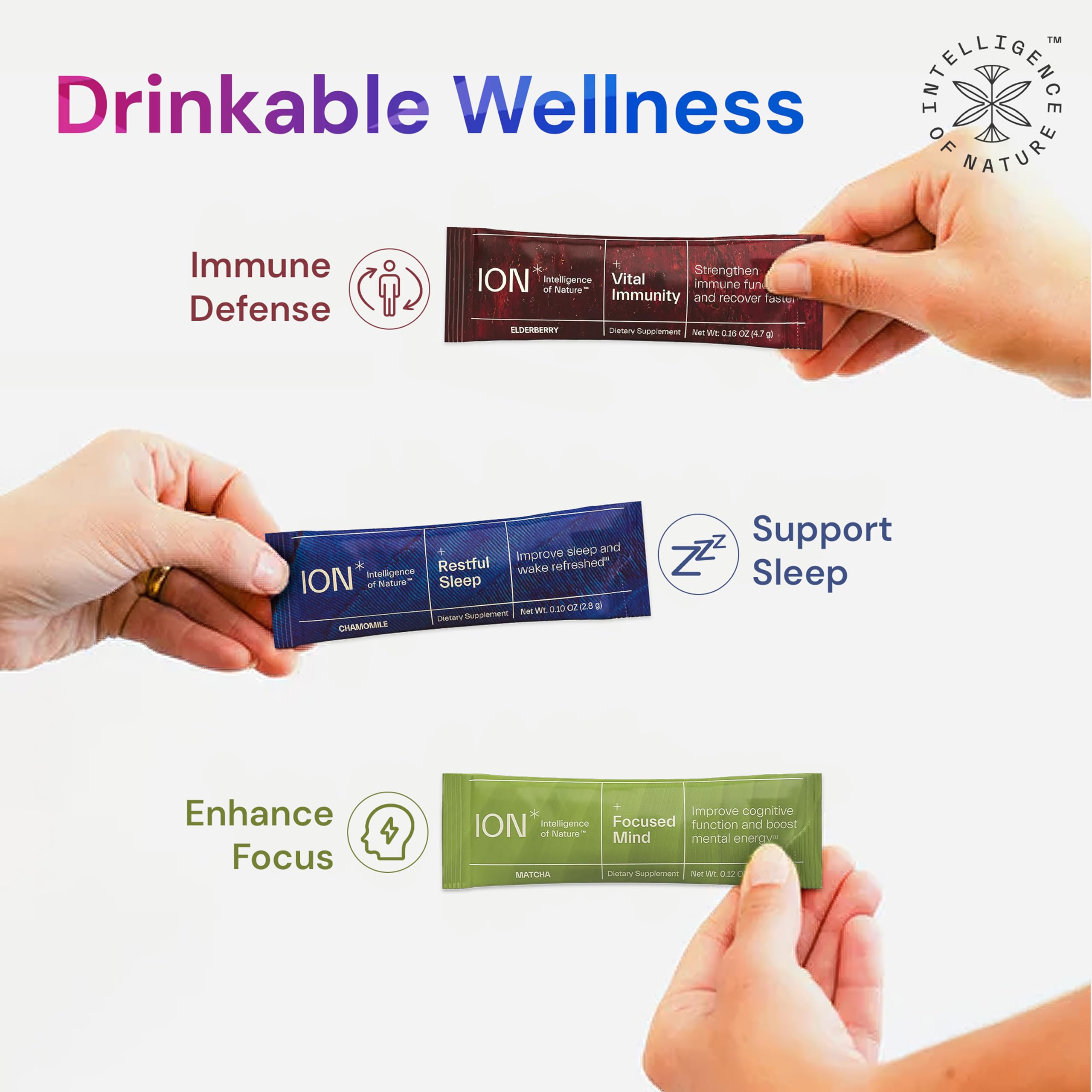 ION Elderberry flavor immunity powder packet for easy daily rituals