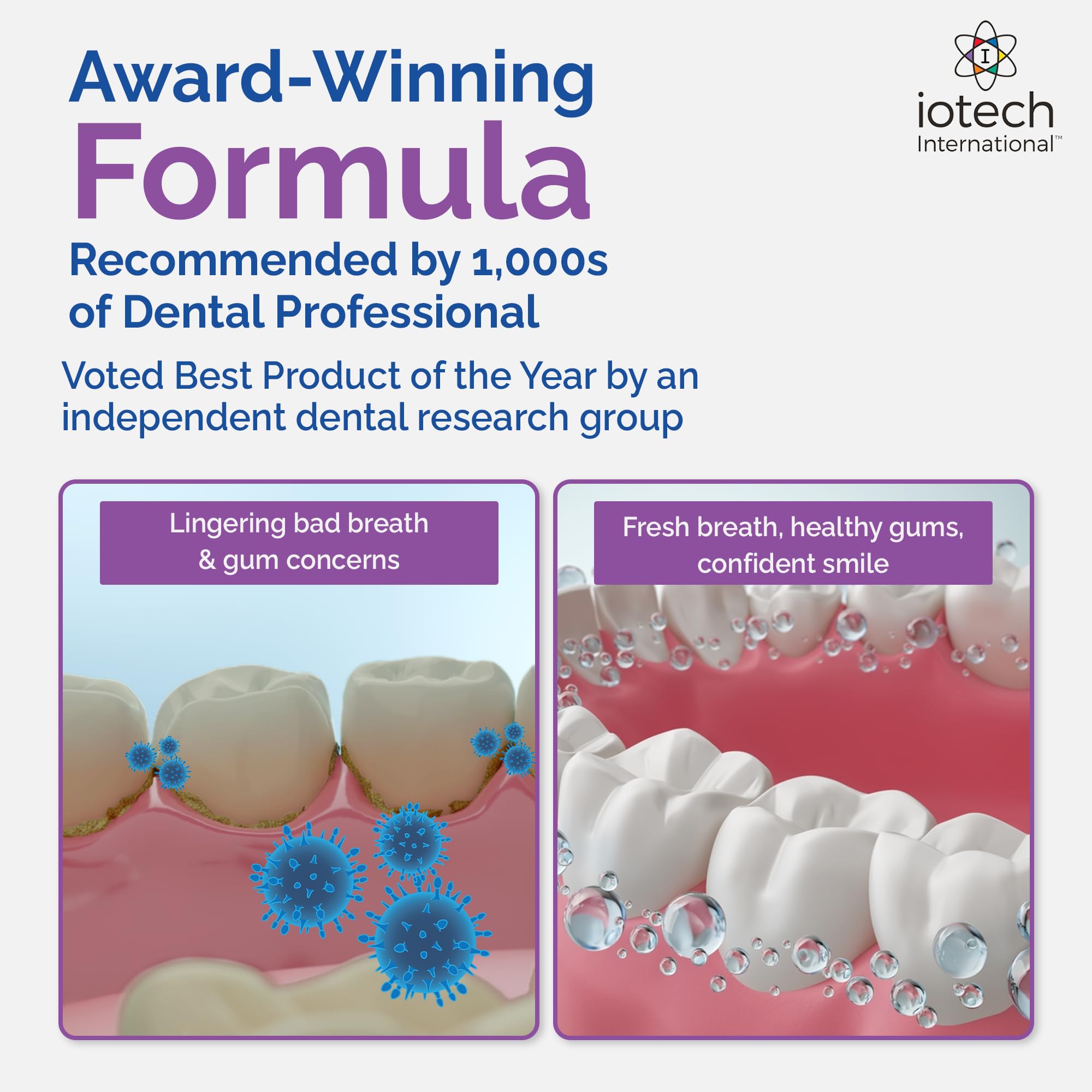 ioRinse alcohol-free label close-up, signaling gentler oral care without alcohol.