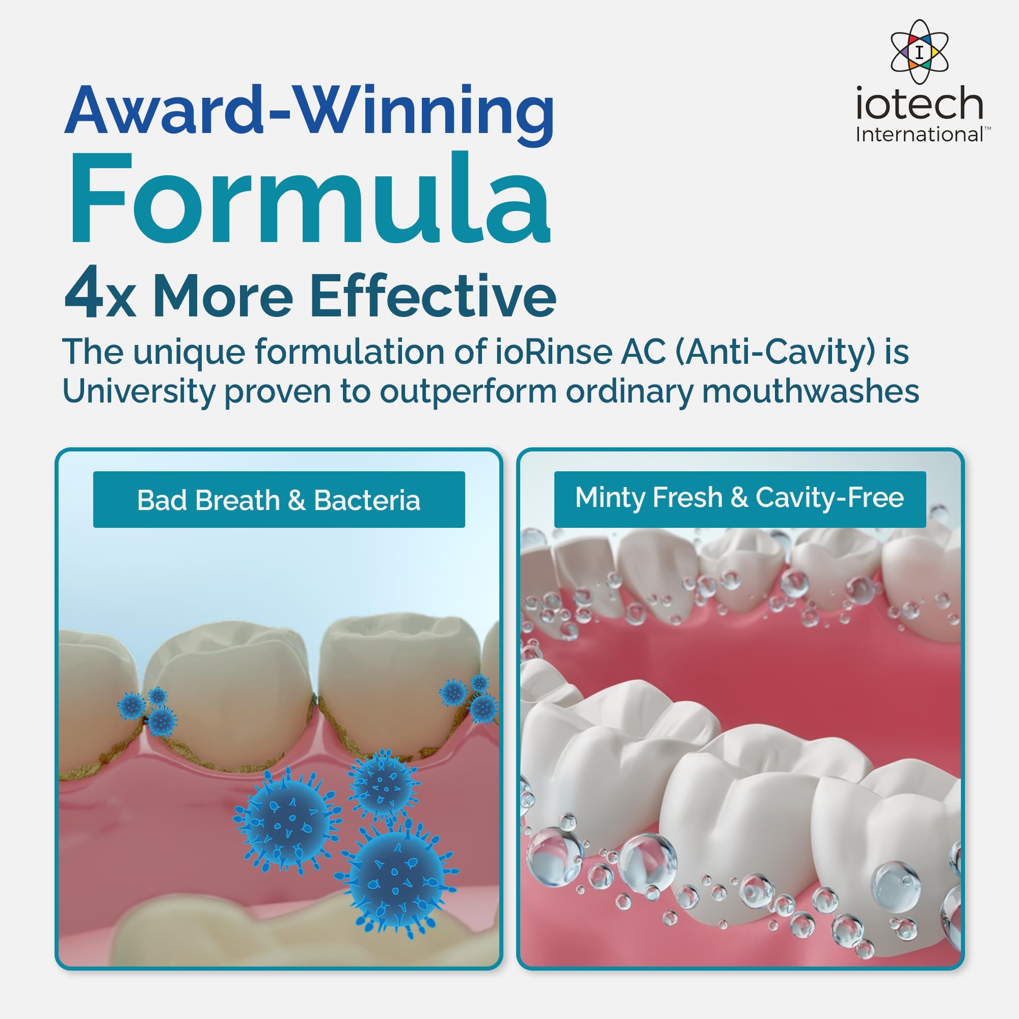 ioRinse AC label closeup highlights iodine technology and enamel-friendly formula.